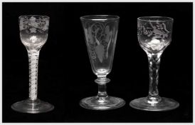 THREE ANTIQUE DRINKING GLASSES, comprising 18TH C. CORDIAL GLASS, later vine engraved moulded