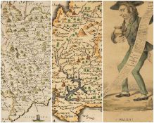 ANTIQUARIAN MAPS & PRINT, including coloured lithograph satirical caricature entitled 'WALES - Who