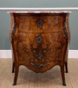 LOUIS XV STYLE MARQUETRY MARBLE TOP BOMBE COMMODE, fitted three drawers with brass rococo