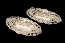 PAIR VICTORIAN SILVER BONBON DISHES, A & J Zimmerman, Birmingham 1898, oval repousse rococo form