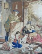 VICTORIAN WOOLWORK PICTURE, depicting rustic Scots family with cat & kittens in a cottage threshold,