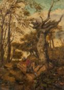 FOLLOWER OF DAVID COX (1783-1859) oil on panel - Woodland landscape with travellers and gnarled