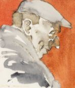 ‡ JOHN CLEAL (1929-2007) watercolour - 'Carmarthen Market', head portrait of farmer, signed & titled