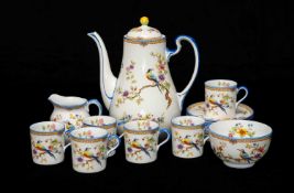 RARE AYNSLEY BONE CHINA COFFEE SET BIRD ON FLORAL BRANCH, BLUE TRIM, pattern B948, coffee pot & lid,