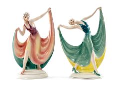 TWO KATZHUTTE (CAT IN THE HOUSE) ART DECO DANCING FIGURINES, 32cms high, printed marks to bases (