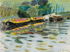 ‡ JACK SHORE pastel on paper - entitled verso, 'Barges, Preston Brook, Cheshire', signed, dated
