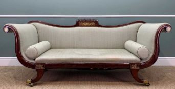 REGENCY BRASS INLAID MAHOGANY SCROLL END SETTEE, attractive brass caps, brass castors, 92 (h) x