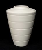 KEITH MURRAY FOR WEDGWOOD, tapering, ribbed earthenware 'Moonstone' glaze vase, blue printed marks