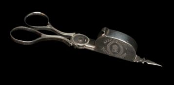 GEORGE III SILVER ARMORIAL WICK TRIMMERS, John Booth, London 1786, engraved with wheatsheaf crest,