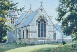 CONTEMPORARY WELSH SCHOOL watercolour - entitled verso, 'Pontnewydd Church, Cwmbran', unsigned, 38 x