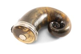 SCOTTISH HORN SNUFF MULL, with applied white metal hinged cap, applied thistle to neck, caover