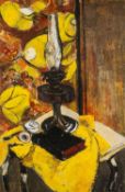 ‡ GWILYM PRICHARD (1931-2015) oil on canvas - still life of oil lamp, book, pipe on table, signed,