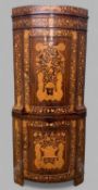 19TH C. DUTCH MARQUETRY STANDING CORNER CUPBOARD, two-piece, shelved interior, 213 (h) x 95cms (w)