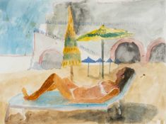 ‡ DAN LLYWELYN HALL watercolour - portrait of a lady sunbathing, signed with initials, 23 x 31cms