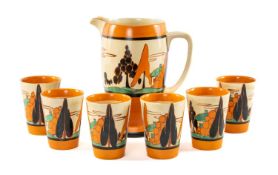 CLARICE CLIFF POTTERY 'ORANGE TREES & HOUSE' LEMONADE SET, comprising coronet shape jug (20.5cms