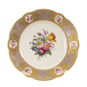 FINE DERBY CABINET PLATE, painted with spray of summer flowers to the centre, within a grey
