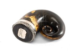 SCOTTISH HORN SNUFF MULL, with applied white metal hinged cap, engraved 'Jas McCormick 1825',