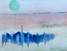 ‡ SALLY GORDON watercolour - abstract landscape with the sunrise on the horizon, signed, 13 x