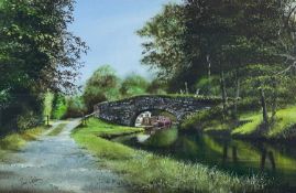 ‡ PAUL WESTON oil on card - entitled verso, 'Coombes Lock Bridge, Llangynidr', signed, 34 x 52cmx