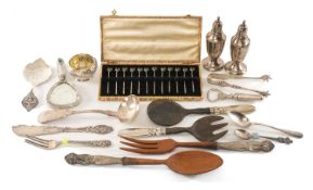 ASSORTED MOSTLY SILVER TABLEWARE, including cased set of twelve enamelled silver olive spears with