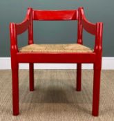 VICO MAGISTRETTI 'CARIMATE' STYLE CHAIR, woven rush seat, solid wood frame, gloss red finish, 75 (h)