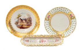 DERBY SAUCER DISH, painted with titled view 'Near Little Eaton, Derbyshire', within apricot and