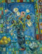 ‡ GLORIA 'GLO' WILLIAMS (b. 1940) oil on board - 'Blue', still life of flowers, signed, titled