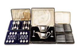 ASSORTED CASED SILVER FLATWARE & SAUCE BOATS, including set 12 coffee spoons and nips, Henry