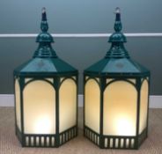 TWO LARGE CARDIFF MARKET PAINTED COPPER LANTERNS, hexagonal section, manufactured by D.W. Windsor,