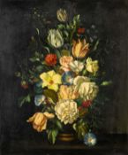 ‡ JOSEPH REINHARDT (Flemish, b. 1918) oil on board - 'Flowers', still life of tulips, roses etc.