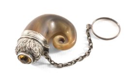 SCOTTISH HORN VINAIGRETTE, with applied silver hinged cap set cairngorm, opening to reveal a pierced