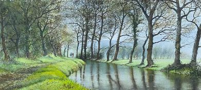 ‡ PAUL WESTON oil on card - entitled verso, 'Tree Lined Waterway', signed, dated verso 2000, 34 x