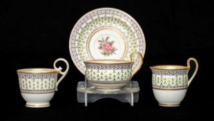 NANTGARW PORCELAIN CUPS & SAUCER, c. 1818-20, painted in the Sevres manner with pink briar rose