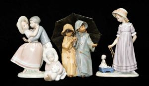 FOUR LLADRÓ FIGURINES including, Under the Rain 2077, Precocious Love 4856, Pulling Dolls Carriage
