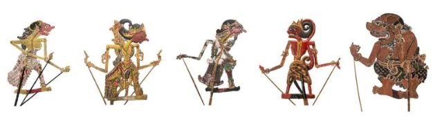 GROUP OF ETHNOGRAPHIC ITEMS: including FIVE SHADOW PUPPETS, Java, carved wood or hide, characters