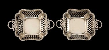 PAIR GEORGE V SILVER BONBON DISHES, Elkington & Co., Birmingham 1911, indented square form with