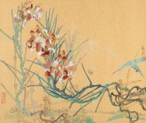 LEE HOCK MOH (Singaporean, b. 1947), ink and watercolour on gilded Japanese paper - Orchids and