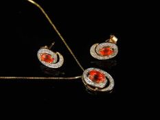 FIRE OPAL & DIAMOND SUITE, comprising pendant centred with an oval-cut fire opal, bordered with tiny