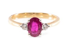 18CT RUBY & DIAMOND RING, oval cut ruby 7 x 5mm, between diamond accents, 2.7g Provenance: private