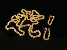 9CT GOLD ROPE TWIST NECKLACE, 60cms (l); and pair of matching rope loop earrings, gross weight