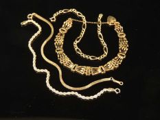 FOUR 9CT GOLD BRACELETS, including gate-link bracelet with padlock clasp, 4.9g; herringbone