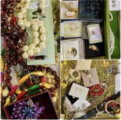 SELECTION OF COSTUME JEWELLERY & WATCHES, including bead necklaces, brooches, etc. Provenance: