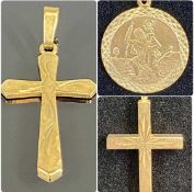 9CT GOLD JEWELLERY, comprising two crucifixes and a circular St. Christopher, 4.5g, with two