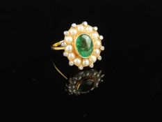 ATTRACTIVE CABOCHON EMERALD, PEARL & DIAMOND CLUSTER RING in 18ct gold, the emerald approx. 9 x