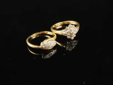 10CT GOLD DIAMOND CLUSTER RING (two stones deficient), size L, 2.1g; also diamond three-stone