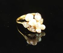 18CT GOLD DIAMOND & PEARL CLUSTER RING, freshwater pearls dispersed with leaf forms set with tiny
