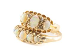 TWO 18CT GOLD OPAL RINGS, one with three graduated oval opals and diamond chips, the other with five