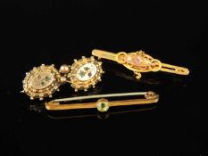 VICTORIAN 15CT GOLD GEM-SET BAR BROOCH, 45mms (w); also 9ct gold bar brooch centred with a