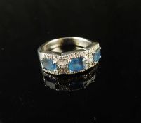 18CT WHITE GOLD SAPPHIRE & DIAMOND CLUSTER RING, set with three rectangular-cut sapphires,
