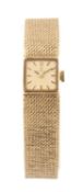 9CT GOLD LADIES OMEGA WRISTWATCH, square dial, hour baton markers, integrated 9ct gold textured